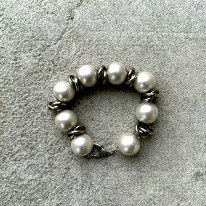 Chunky Pearl and Silver Swirl Bangle bracelet